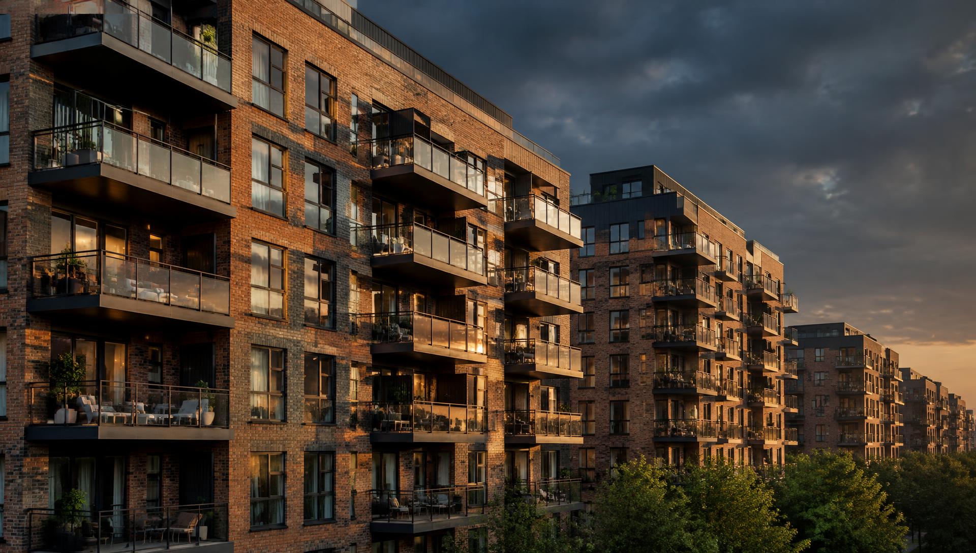 Multi-story brick apartment buildings at sunset